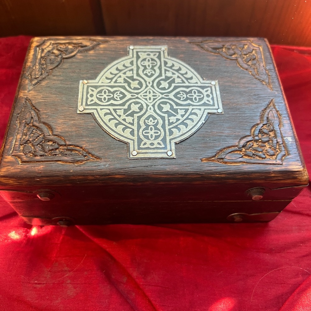Carved Wooden Jewelry Box with Celtic Cross Inlay - Dark Brown